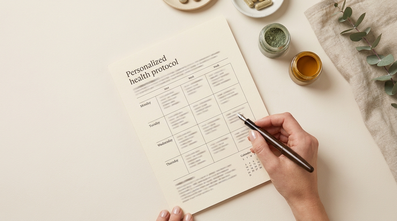 A printed personalized health protocol on a desk