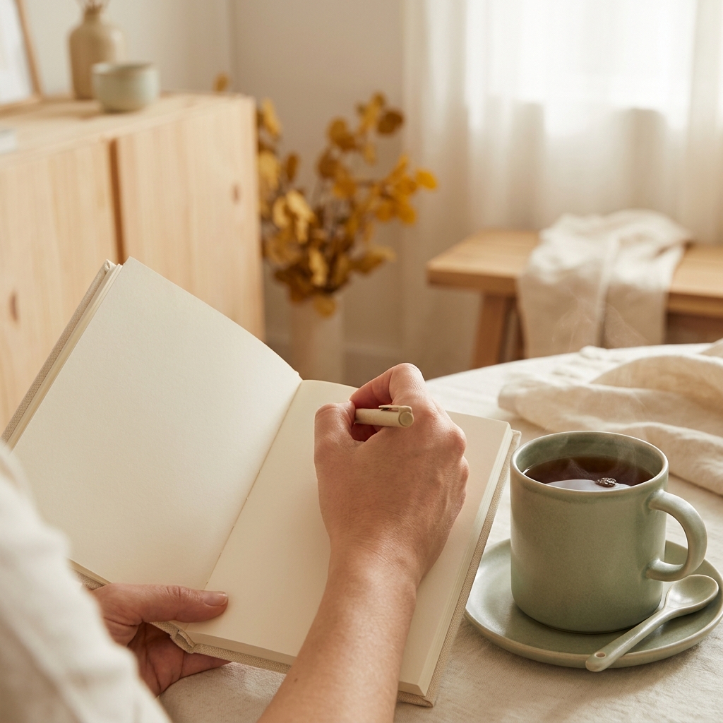 Reflective journaling at a kitchen table